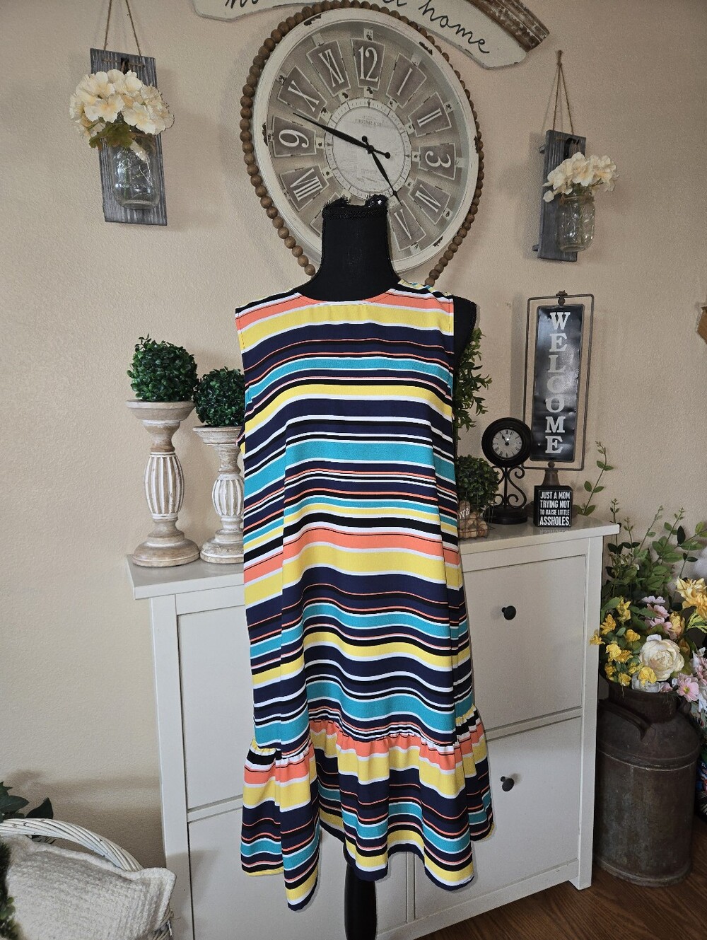 Halogen Multicolor Striped Sleeveless Swing Dress - Navy, Yellow, Turquoise